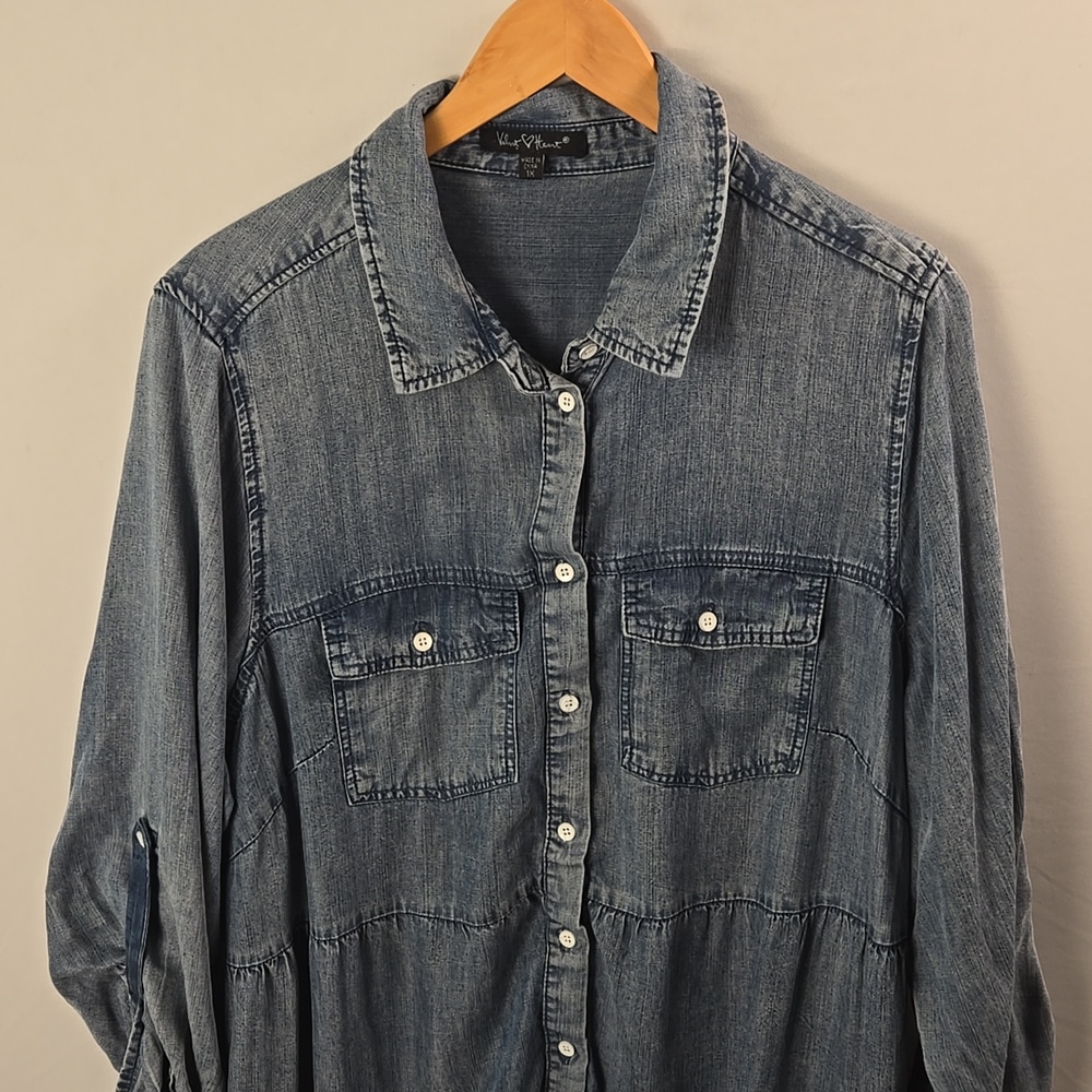 Velvet Heart Long Sleeve Denim Button Down Tiered Dress 1X Country Boho Western - Picture 2 of 11